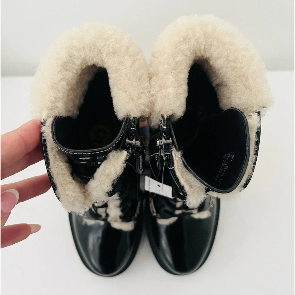 COACH Black High Shine Leather Shearling‎ Combat Booties Uniform Dress Shoes 5B - Picture 4 of 13